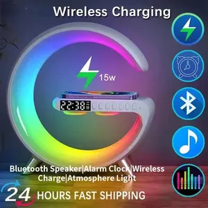 Multifunction RGB Light Bluetooth Speaker Alarm Clock 15W Wireless Charger Stand Pad For  Fast Charging Station