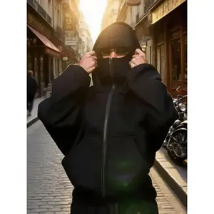 Motorcycle hoodie Fashion Hoodie with Full Face Mask Design, Casual Zipper Sweatshirt, Stylish Graphic Print Pullover for Men & Women