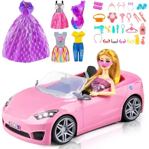 76 Pcs Doll & Convertible Car Playset,Included 11.5 in Dol-l,Car,Princess Dresses,Fashion Dresses,Casual Clothing,Swimsuits,Bags,Shoes,Doll Playset,Doll Dress up Toys for Girls Kids Toddlers Gifts