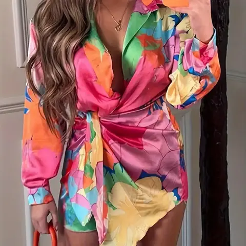 Women's Button Front Knot Front Blouse, Boho Blouses, Casual Wrap Asymmetrical Hem Collared Top for Summer, Ladies Clothes for Daily Wear, Casual Boho Fashion