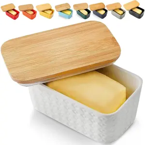 Butter Dish with Lid, Farmhouse Ceramic Butter Container for Countertop & Fridge, Airtight Silicone Sealing, White Embossed Pattern, Holds 2 Sticks of Butter, Dishwasher Safe