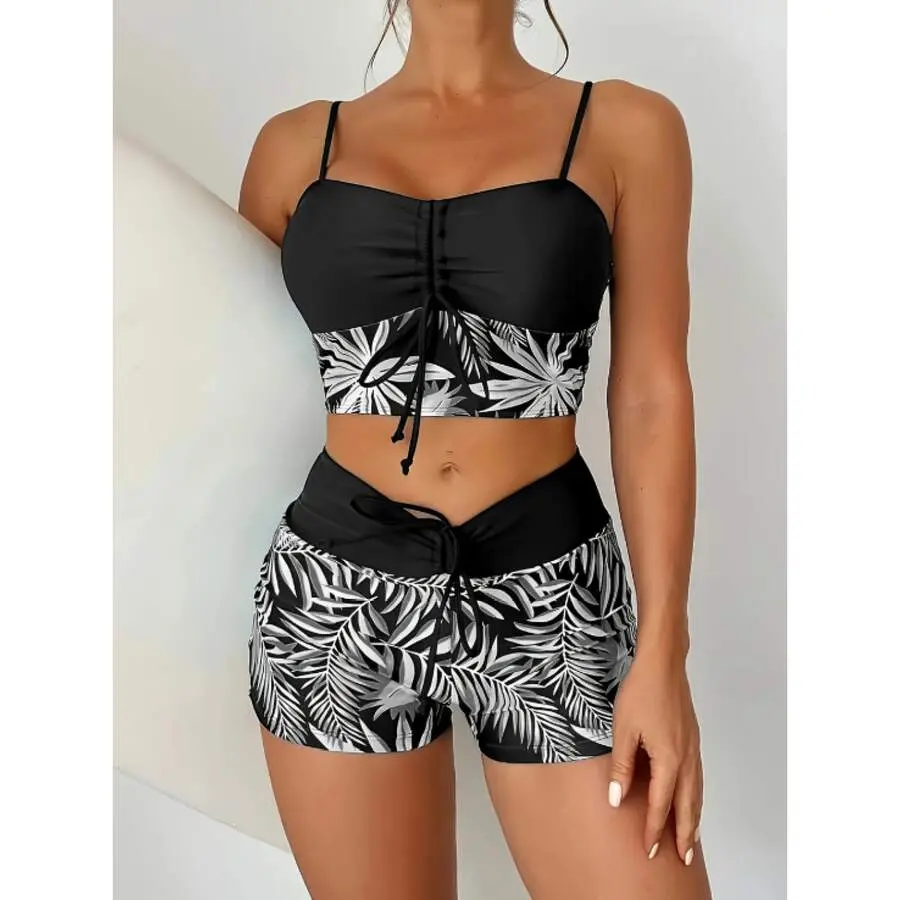 Women's Modest Tropical Print 2-Piece Swimsuit, Long Sleeve UPF 50+ UV-Protective Rash Guard with Swim Shorts, Two Piece