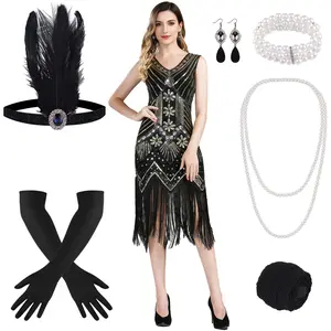 FEPITO 1920s V Neck Sequin Beaded Fringed Dress with 20s Accessories Set Costume Party Midi Womenswear Black and Gold Chic Clothes Evening Fishnet Zipper Earrings Headband Pearl Necklace Halloween Latin, gift