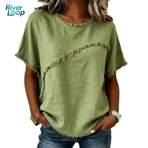 【Summervibes】2026 New Women Crew Neck Short Sleeve Top, Trendy Raw Edge Panel Blouse, Loose Casual Summer Shirt, Stylish Versatile Apparel, Fashion Daily Wear Perfect for Street Style, Shopping Trips and Outdoor Activities