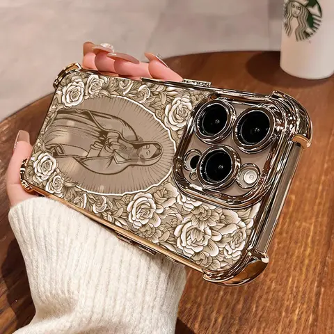 Rose & Guadalupe Shockproof Smartphone Case - Catholic Coquette Aesthetic Accessory with Clover Soft Strap, Protection for iPhone 17ProMax,16,15Plus,14,13,12Pro & Samsung Galaxy S25,S24,S23,S22, HY74 Series Casing, Perfect Gift for Her