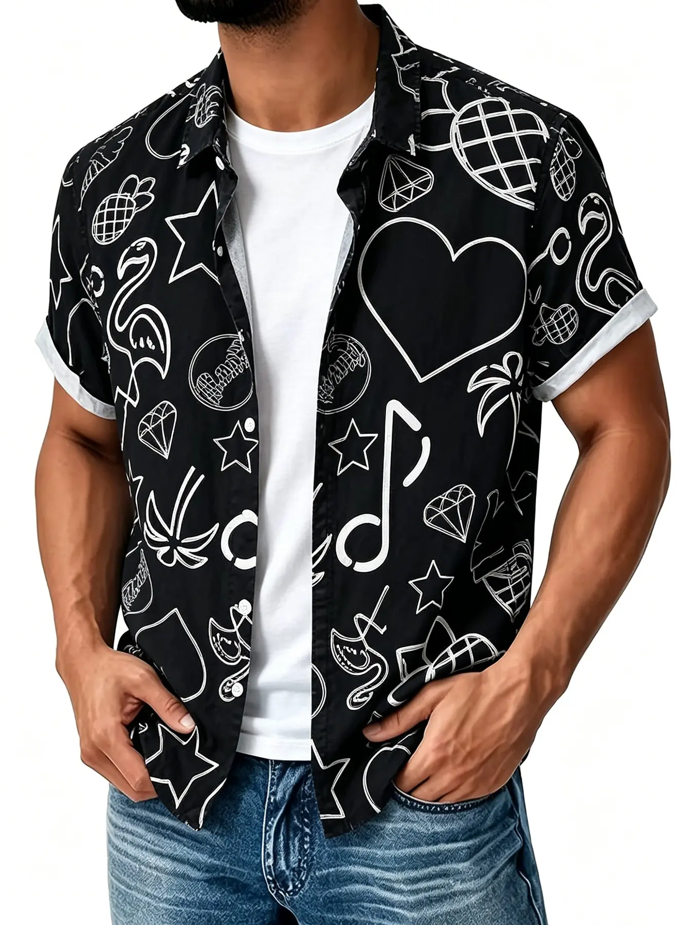 Men's Fun Graffiti Print Short Sleeve Shirt, Peacock Heart Note Lapel Top, Summer Casual Vacation Loose Fit Shirt, Graphic, Fashion