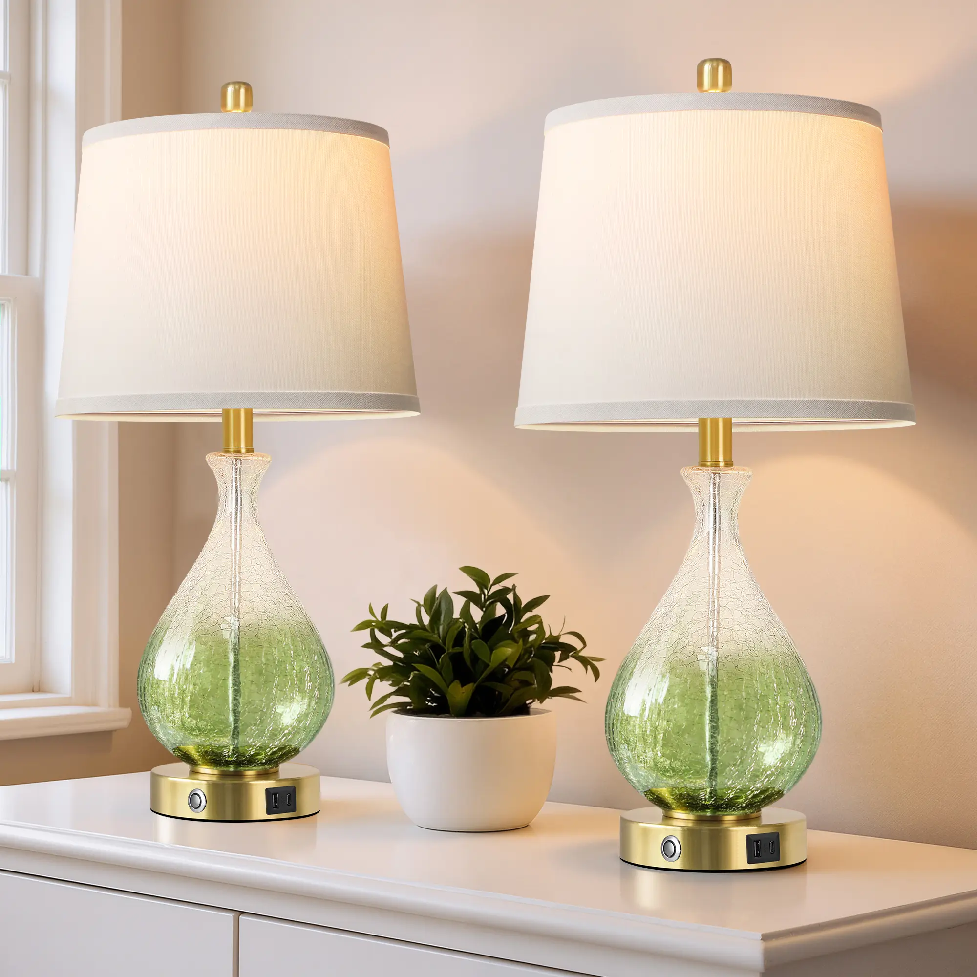 22.5in Gradient Green Glass Table Lamps For Living Room, Bedside Lamps Set Of 2