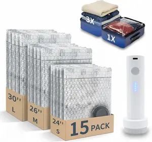 【2026 Upgraded】X7 Cordless Travel Vacuum Storage Compression Bag Set with Rechargeable air Pump 15 Pack Waterproof & Reusable Compression Packing Bags for 3 Size，140L/Min Powerful Air Removal，Perfect for Carry-On Suitcases