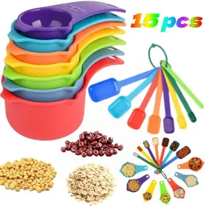 15 PCS  Colored Measuring Cups And  Spoons Set, Stackable Cups and Spoons, Nesting Measure Cups With Handle, Durable Nesting Cups And Spoons For Dry And Liquid,Kitchen Gadgets For Cooking And Baking,Dishwasher Safe
