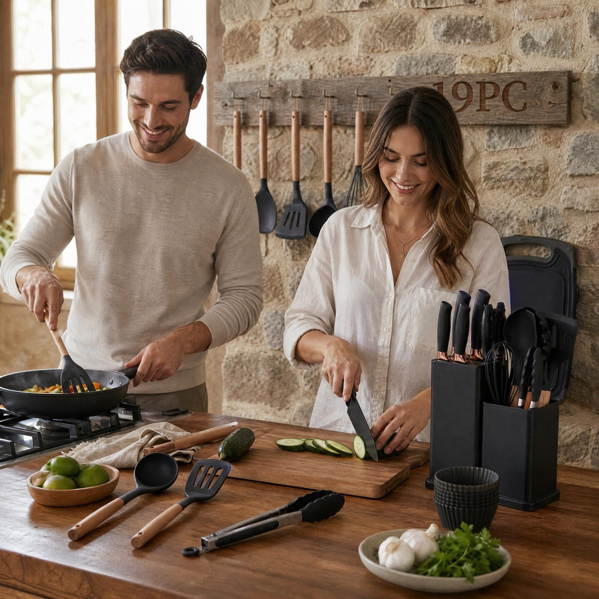19-Piece Kitchen Supplies Set - Nonstick Silicone Cooking Utensils, 430 Food-Grade Stainless Steel Chef Knives with Wooden Handles, Professional Countertop Storage Rack for Home Kitchens