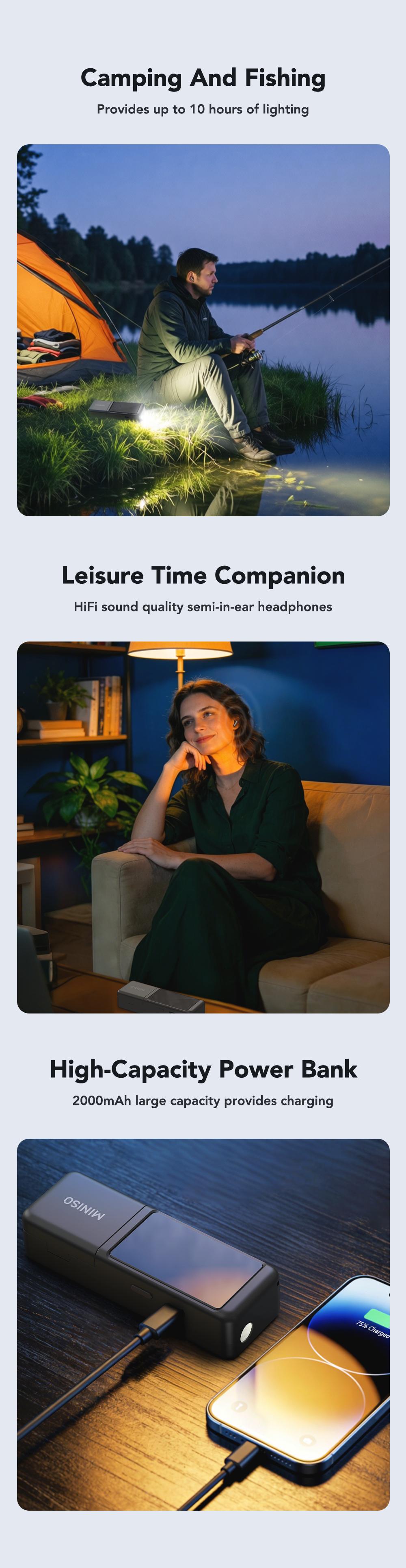 MINISO MS120 3-in-1 TWS Bluetooth Earbuds, Bluetooth 6.0, Built-In High-Power Flashlight with Three Adjustable Modes (Steady On / Flashing), 2000mAh Power Bank, Suitable for Outdoor Hiking and Sports