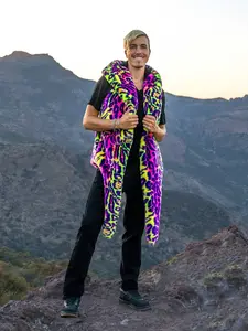 Men's Street Style Vest Short Neon Leopard Faux Fur Jacket, Hooded Windproof Warm Coat, Soft Polyester Interior, Spring & Fall Fashion