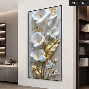 2D Flat Modern Abstract White Flower Wall Art – Large Size with Elegant Gold Accents, Textured Background, Ideal for Living Room, Bedroom, or Corridor, Perfect Floral Interior Decor