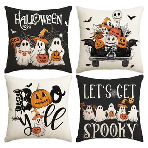 4pcs Halloween Pillow Cover, Halloween Ghost Party Pumpkin Lantern Design Cushion Cover, Bat and Spider Web Pillow Cover, 18x18 inches set of 4, Halloween Home Decoration, for Home, Living Room, Sofa, Bed, Halloween Decoration, Spooky (No Pillow Core)