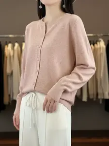 Women's Smoke Round Neck Cardigan, Soft Basic Buttoned Sweater, Fall & Winter Casual Long Sleeve Knit Top, Plain Color