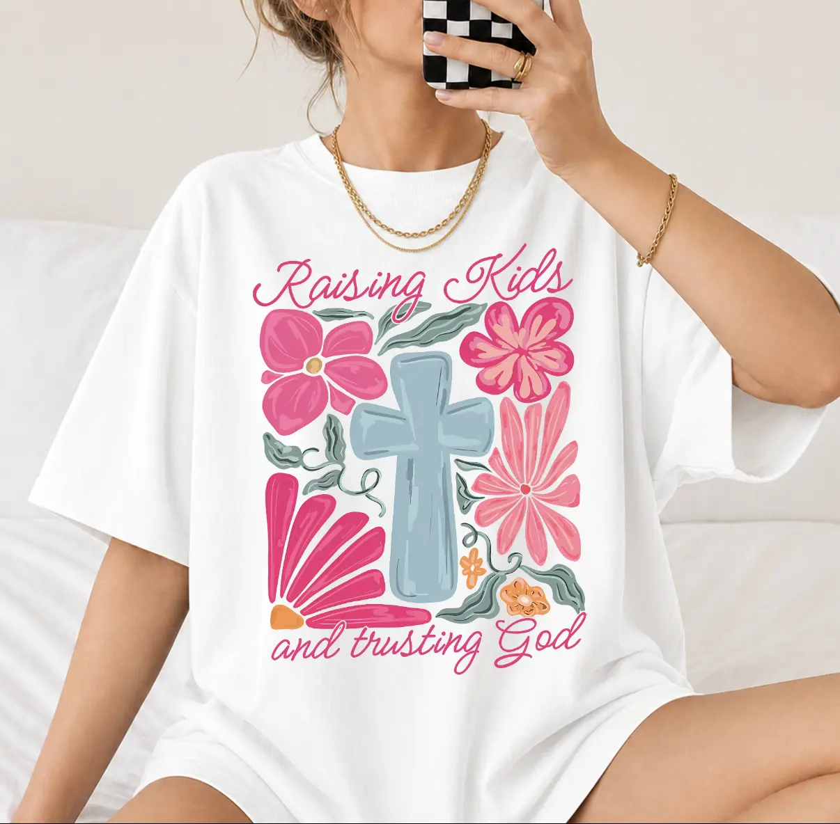 Boho Raising Kids and trusting God Shirt, Boho Floral Christian Mom Tee, Wildflower Mama Shirt, Gift for Mom