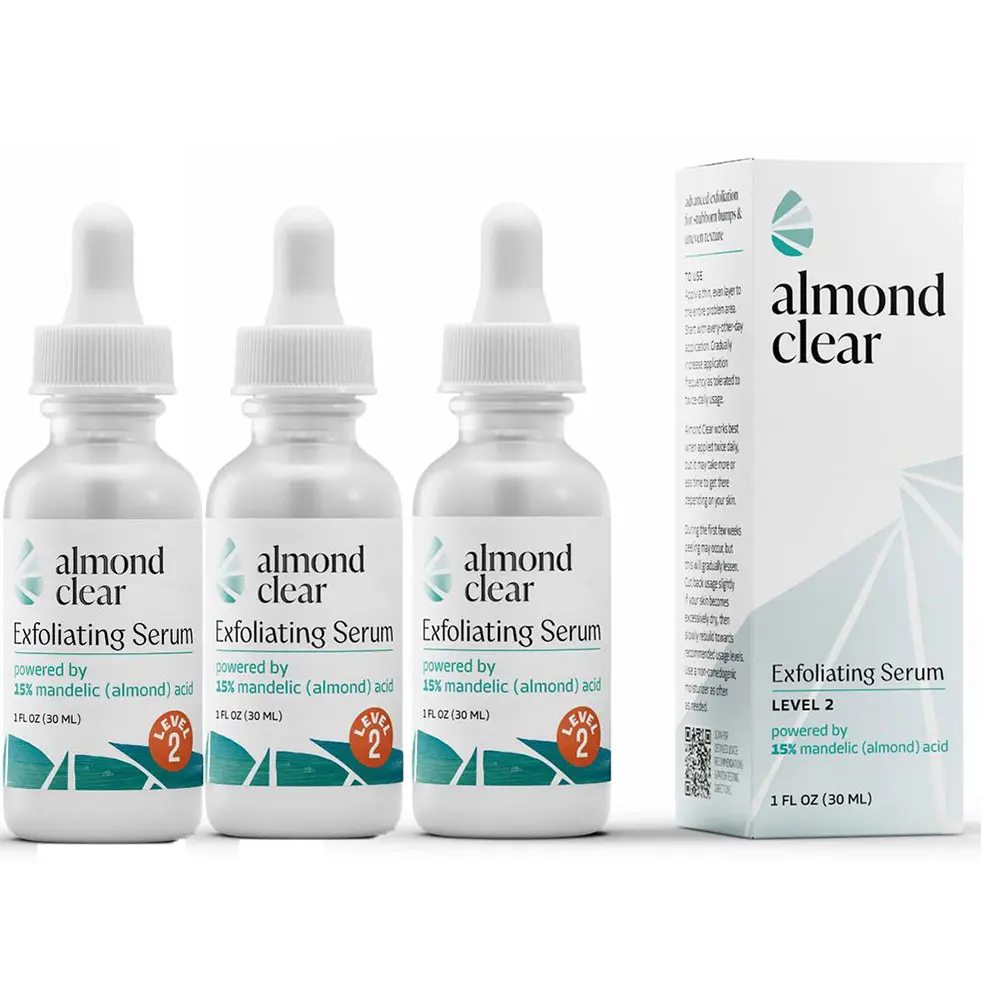 3 Pack Level 2 Mandelic Acid Serum |   Body Acne Treatment, Clear Butt Acne, Folliculitis, Fungal Acne, Hyperpigmentation, Ingrown Hairs |   Daily Skincare, Safe for Sensitive Skin, Skin Repair, Fungus, almond clear