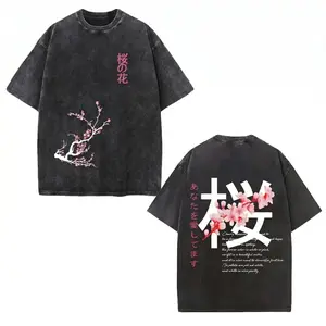 Japanese Cherry Blossom Graphic Tee | Washed Black Streetwear Shirt | Vintage Aesthetic Sakura Branch & Kanji Design | Oversized Loose Fit | Daily Wear & Casual Outings | Trendy Asian Floral Apparel