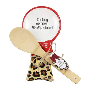 Young's Ceramic Christmas Leopard Spoon Rest wi th Spoon Set