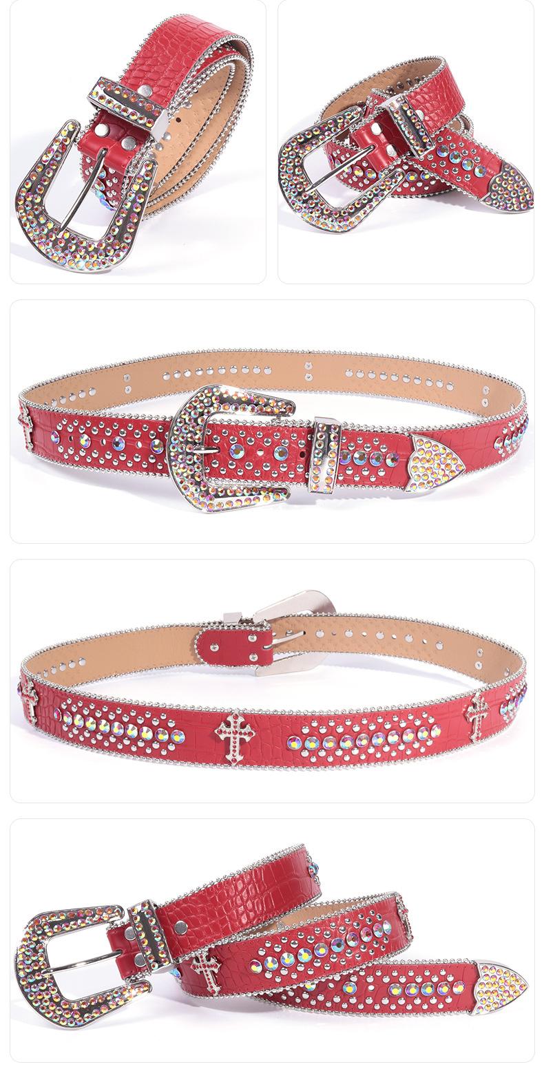 Unisex Crocodile Pattern Belt with Rhinestone Decorative Buckle Cross Pendant New Street Fashion Denim Belt Adjustable for Most Waist Sizes