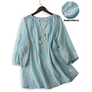 ��Plus Size�� Floral Embroidery Blouse, Boho Fashion Shirt, Boho Casual Top for Beach Vacation Holiday, Women's Clothes for Summer