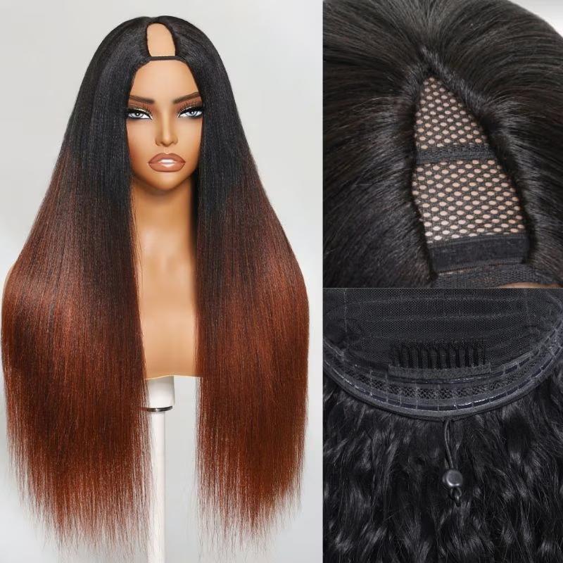 【New In】UNice EasiContour V Part Black to Reddish Brown Ombre Yaki Straight Wig with Upgrade Drawstring Glueless Human Hair Wigs Beginners Friendly Easy Intall