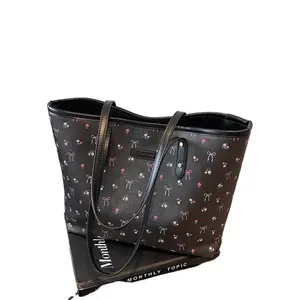 Women PU Leather Tote Bag with Floral Bow Print Large Capacity Crossbody Shoulder Bag for Daily Commuting Shopping Office University Use Lightweight Soft Structured Design