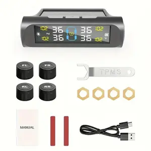 Wireless Tire Pressure Monitoring System - USB Charging Solar Powered TPMS with 4 External Sensors, TPMS Kit Real-Time Pressure & Temperature Alerts, for SUV, MPV, Pickup & ORV, Low Battery Alert, Easy Installation Host Only Receives