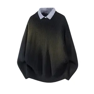 2025 Collared Polyester Knit Sweater Unisex Winter Fake Two-Piece Warm Casual Soft Knitwear Elegant Textured Top
