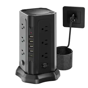Power Strip Tower, Charging Tower for Multiple Devices, 16.5FT Surge Protector Tower with 12 AC Outlets 5 USB Ports (1 USB C) Overload Protection for Home Kitchen Dorm Office Desk (black-16.5ft)The line length is 2 meters