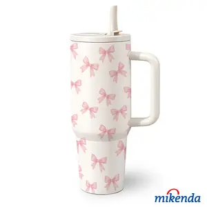 1 Pc 40 Oz Stainless Steel Water Cup with Handle and Folding Straw, Cute Pink Ribbon Bow Pattern Design, Double Wall Insulated Thermal Mug, Hot 12H / Cold 24H, Fun Drinkware, Easter Mother’s Day Birthday Holiday Gift for Friends.