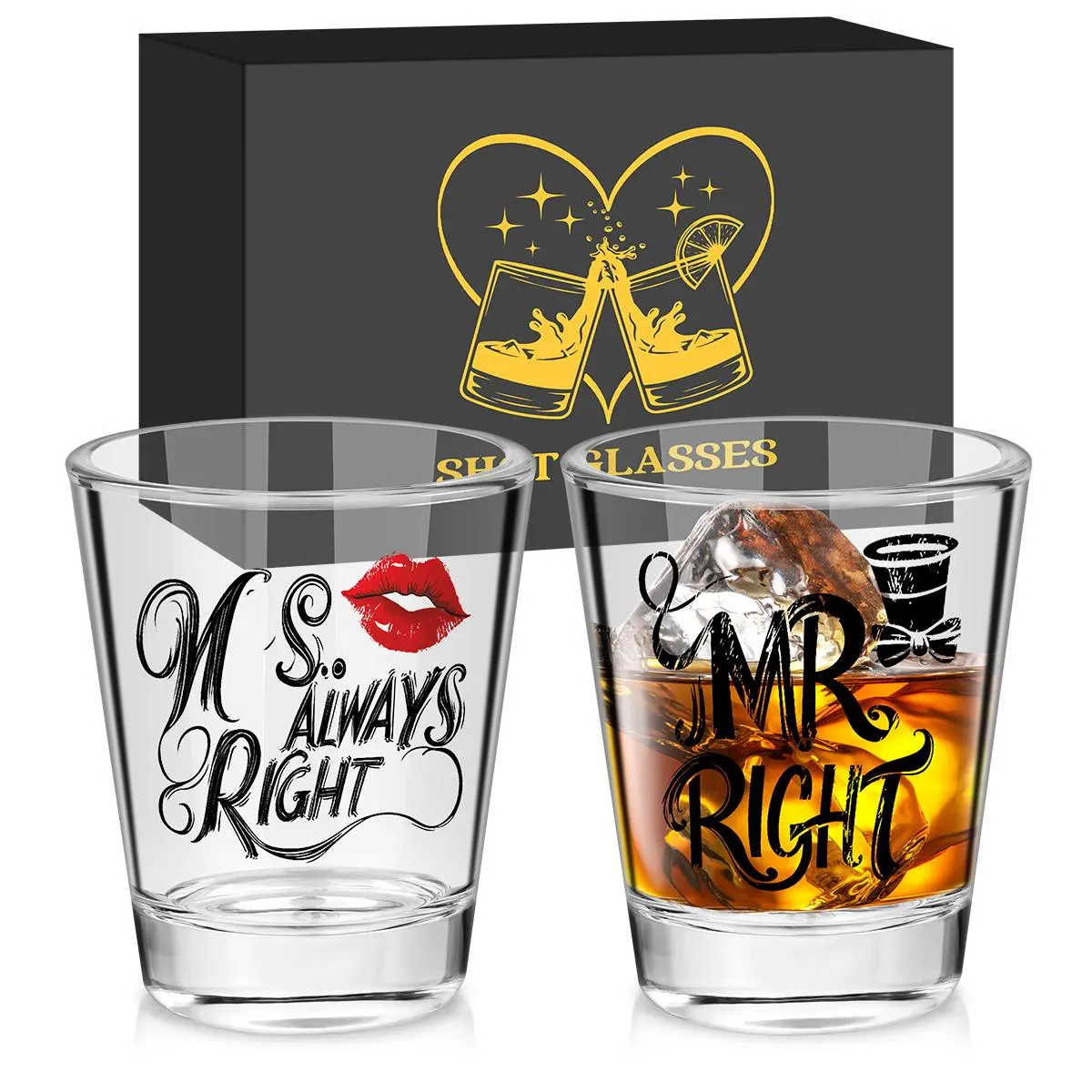 Couple Glass Cup, Letter Pattern Couple Whiskey Glass Cup with Gift Box, Drinking Cup for Home Office Party, Gift for Couple, Drinkware