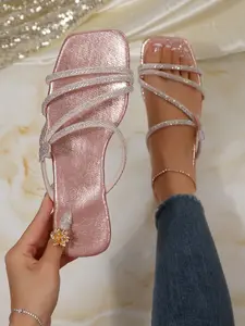 Summer Beach Vacation Rhinestone Butterfly Design Flat Sandals, Casual Round Toe PVC Shoes, Comfortable Medium Width, Fashionable and Versatile, Glitter Sandal, Sparkly Sandals