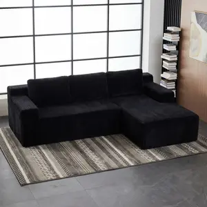Corduroy Modular L Shaped Sectional Sofa Luxury Floor Couch Set Upholstered Indoor Furniture Foam Filled Compressed Sofa for Living Room Bedroom BLACK