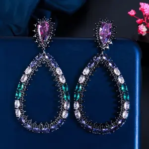 Unique Oval Shape Multicolor Cubic Zirconia Chunky Oversize Long Large Drop Earrings