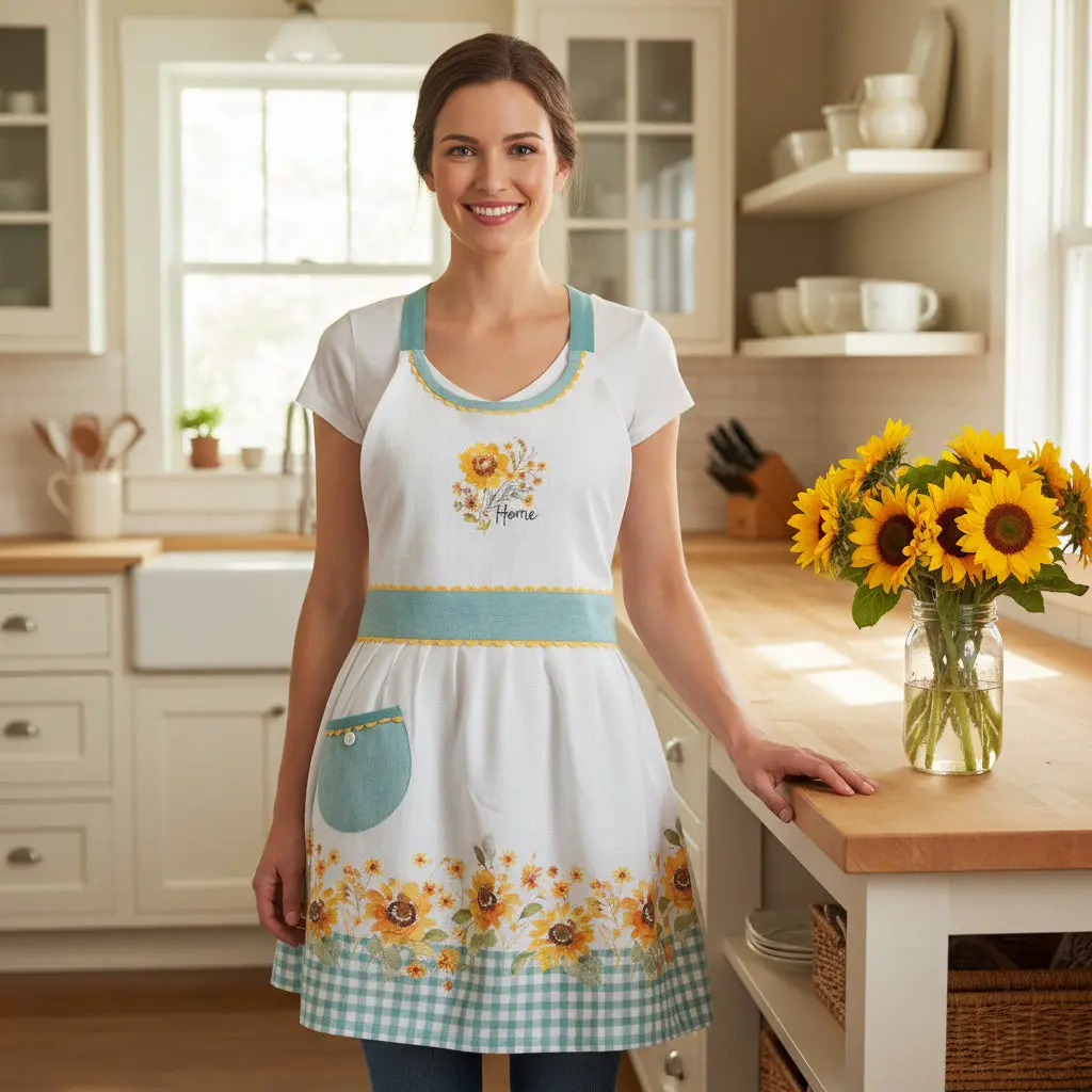 Cotton Sunflowers Artwork Hostess Apron, Home Supplies for Kitchen Use, Kitchen Cooking Aprons
