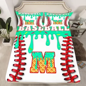 Custom Baseball Fitted Sheet with 1 Pillowcases Personalized Initial M Bedding Room Decor Gift for Baseball Lovers Bed Sheets Set 16" Deep Pocket Sports Red Green Soft Microfiber