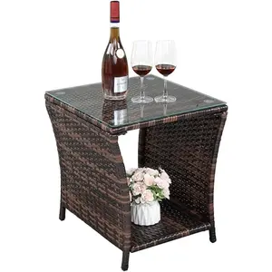 VINGLI Outdoor Wicker Side Table Patio Side Tables for Outside, Tempered Glass Top Wicker Table with Storage End Table for Balcony Porch Deck