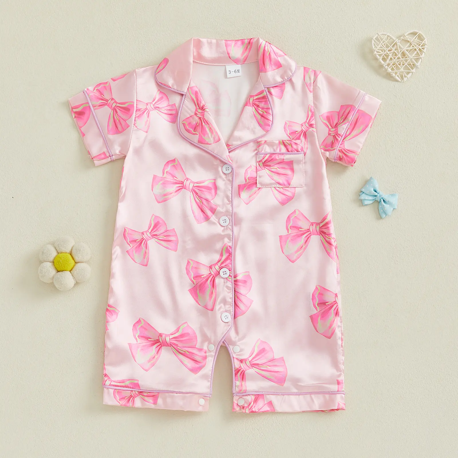 Emmababy Newborn Baby Girl Bow Silk Pajamas Rompers Button Down Short Sleeve Satin Infant Pjs Satin Sleepwear Jumpsuit Shorts 0-24 Months