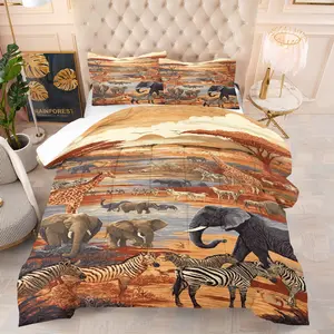 Animal Pattern Comforter Set,Lion Giraffe Zebra Elephant Flamingo Print,Including 1 Quilt and 1 or 2 Pillowcases Without Pillows,Suitable as Fashionable Bedding Set for Family or Friends,Soft and Warm Bedroom Decoration