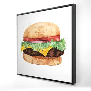 212 MAIN Brown Framed Watercolor Cheeseburger Wall Art - 24x24 in. Vibrant Print, Kitchen & Room Home Decor, Decoration, Ideal Gift (Frame Included)