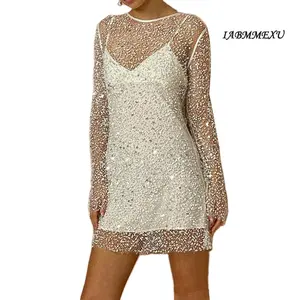IABMMEXU Women Glitter Long Sleeve Round Neck Sheer Sequin Mini Dress with Solid Color Sleeveless Slip Dress 2 Piece Outfit Summer Casual comfortable  dress Chic Womenswear Cami Basic Minimalist Multi-Color Formal dresses  for  summer