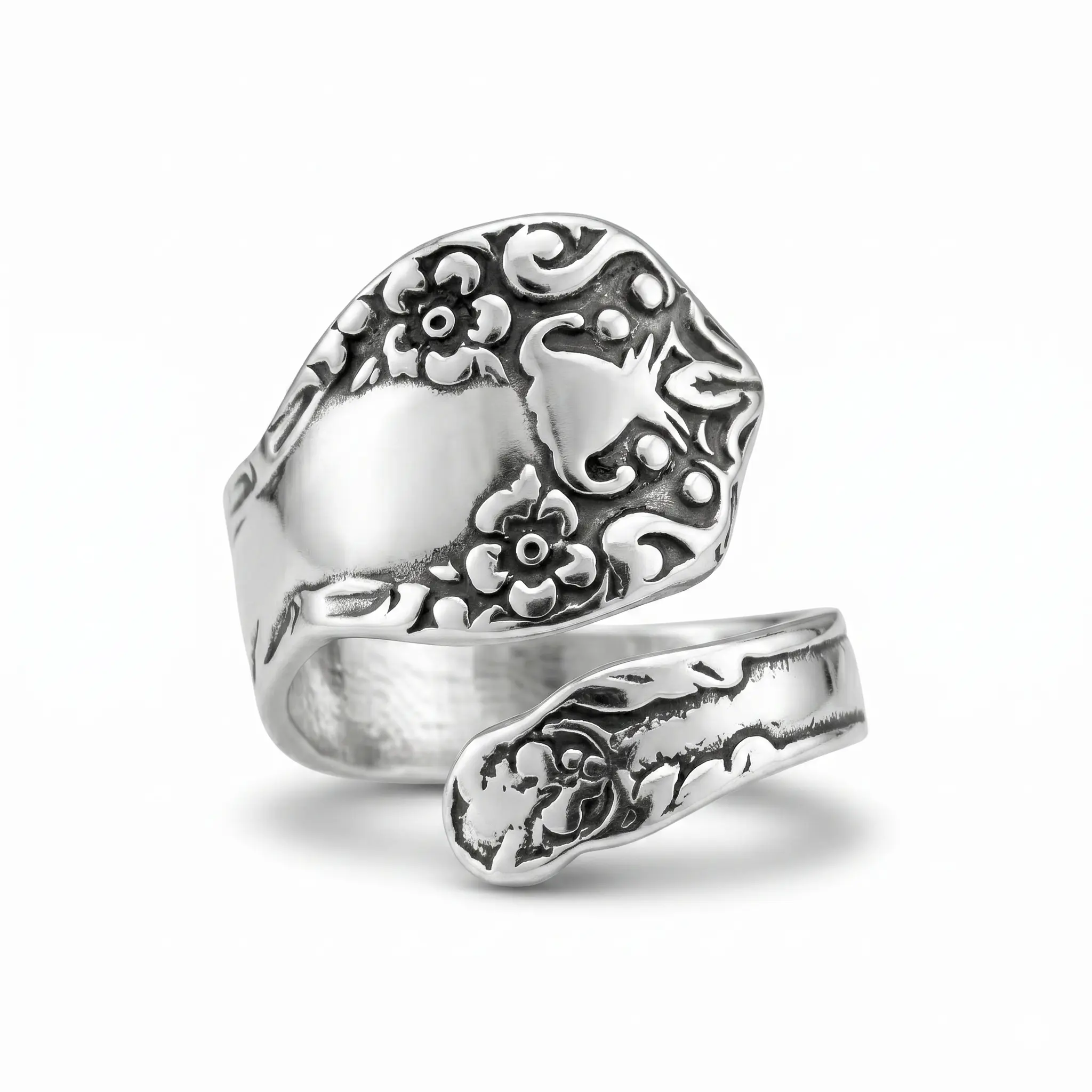 Oxidized Floral Spoon Ring 925 Sterling Silver Adjustable Band
