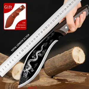 Handcrafted Kitchen Meat Cleaver with Leather Sheath- Stainless Steel Blade Knife with Dragon Patter, Ergonomic Wooden Leather Sheath. Perfect for Meats and Vegetables Cooking