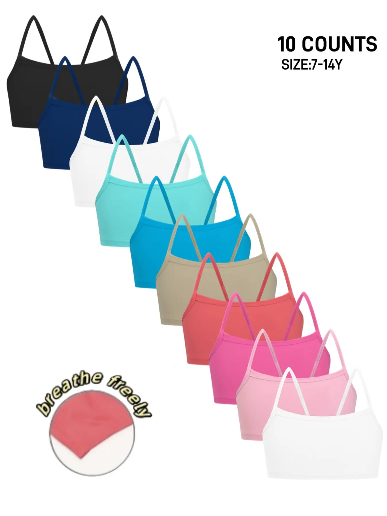 10-Pack Cute Girls' Bras, Breathable Comfortable Single Layer Unlined Bra, Multiple Colors, Casual Seamless Sports Bra, Exercise Bra, Sporty Bra, Workout Bra for Teens, Training Bra, All Seasons, Yoga Bra
