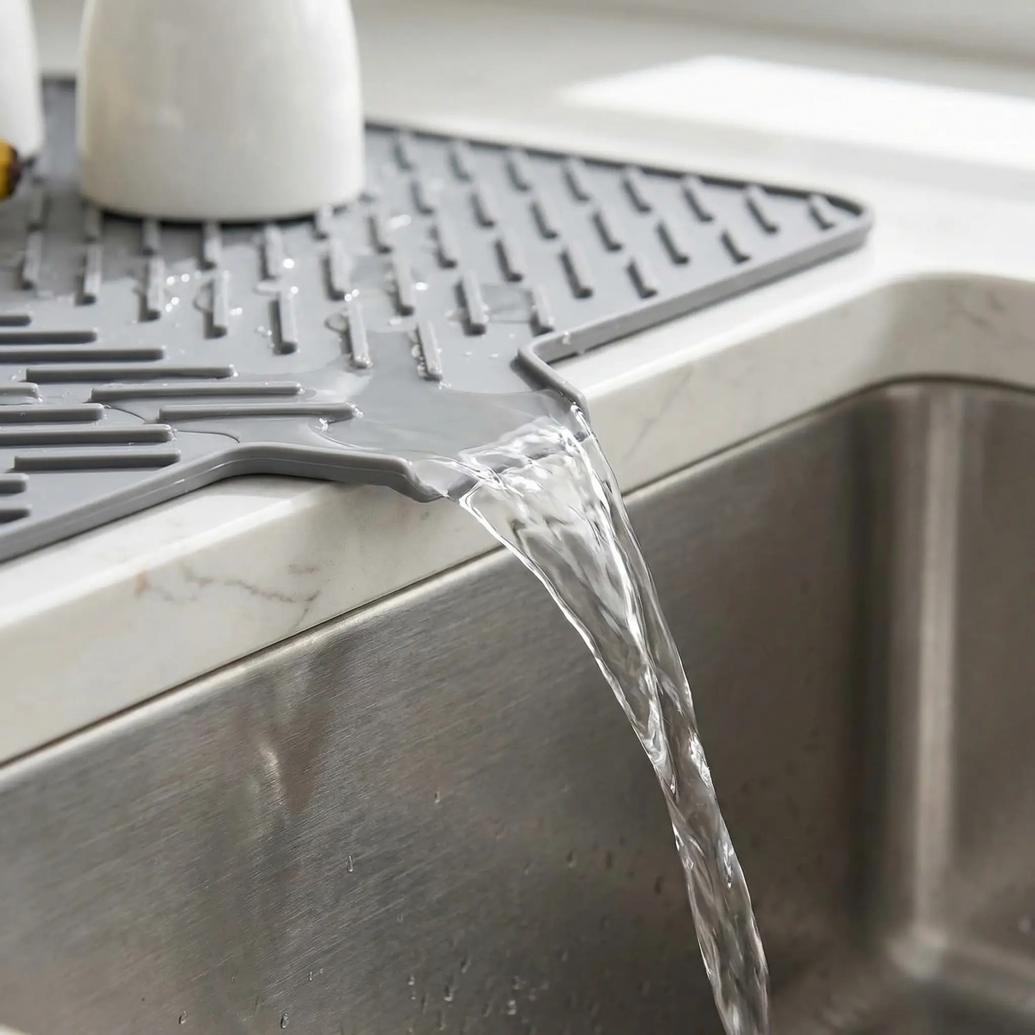 Silicone Dish Drying Mat for Kitchen Counter Essentials with Wider Drain Spout, Non-Slip Heat Resistant Dish Drying Pad with Hanging Hole for Sink RV Camper Travel Multipurpose Drainer Mat Grey