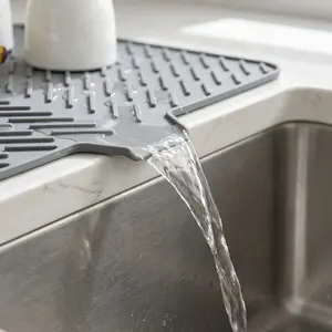 Silicone Dish Drying Mat for Kitchen Counter Essentials with Wider Drain Spout, Non-Slip Heat Resistant Dish Drying Pad with Hanging Hole for Sink RV Camper Travel Multipurpose Drainer Mat Grey