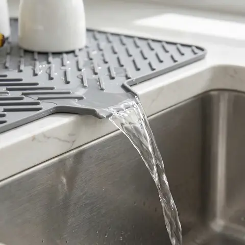 1-Piece Grey Food-Grade Silicone Dish Drying Mat - Home Care Splash Guard, Kitchen Organizer, Rectangle Counter Pad with 6° Slope Better Drainage, Wider Spout, Non-Slip Heat Resistant Flexible Design, Hanging Hole, Rinse-Clean, RV Use