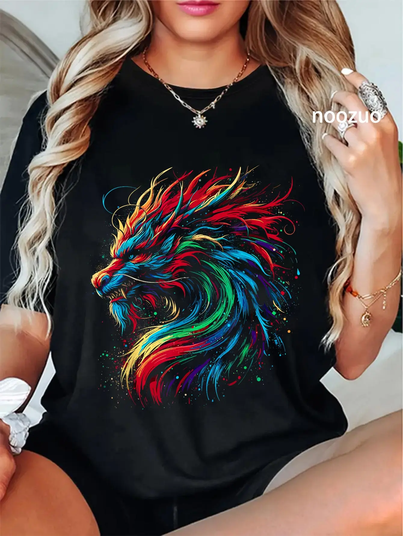 Women's Vintage Fantasy Dragon Graphic T-Shirt, 100% Cotton Round Neck Streetwear Top with a Whimsical Distressed Look for Casual Wear, Dragon Art, Whimsical Look, Short Sleeves, Washed, Tshirt, Everyday, Clothes, Cute, Distressed Wash, Fantasy Dragon Art