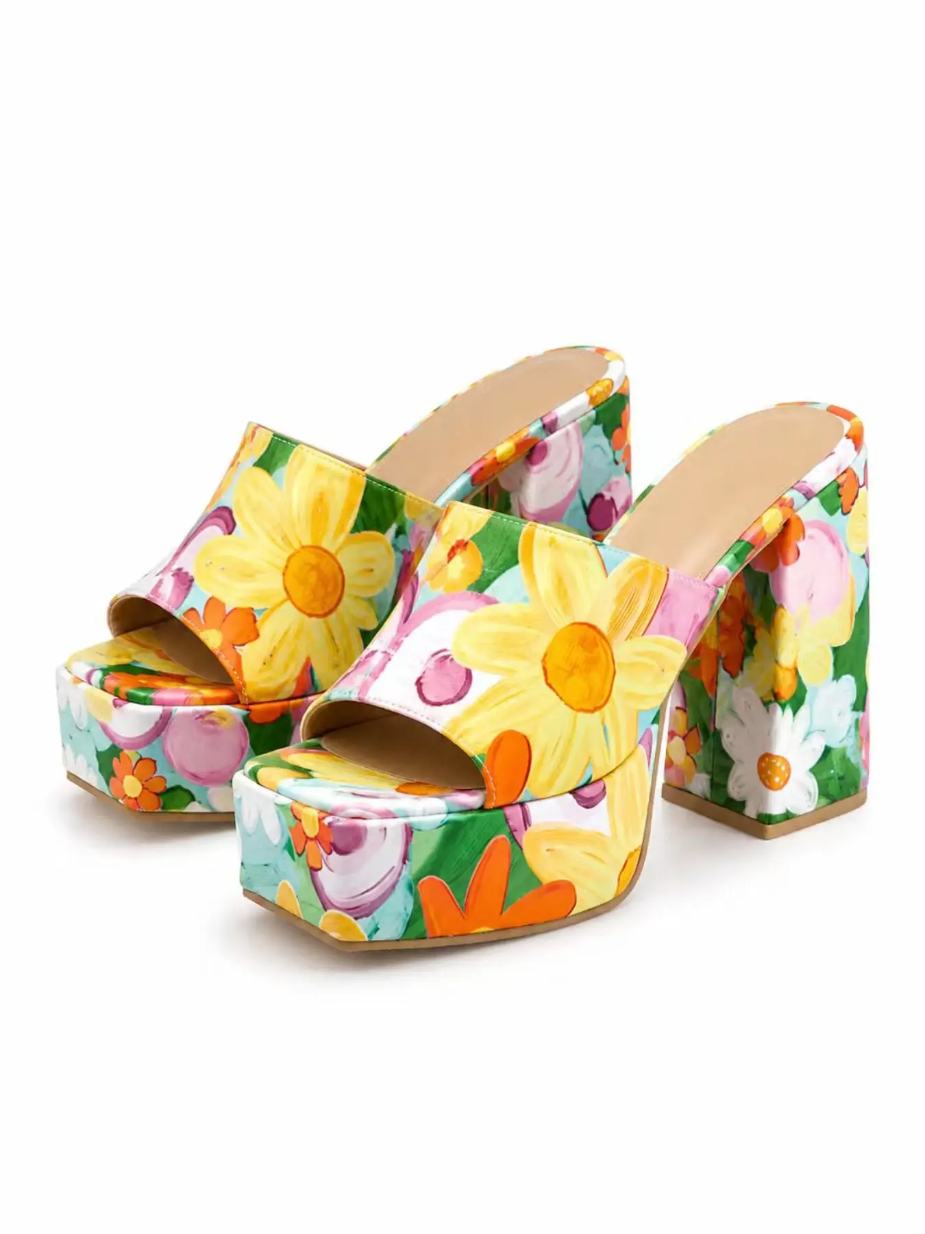 Y2K Retro Oil Painting Style Floral Waterproof Platform Women's Heels Sandals, Thick Heel High Heeled Slippers, Fashionable Summer Footwear